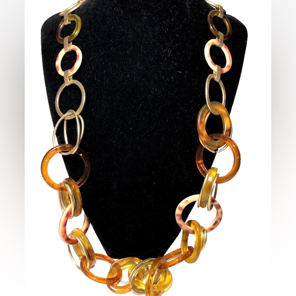 Vintage Necklace Lucite Faux Tortoise Shell Faux Amber Gold Tone Links Signed N